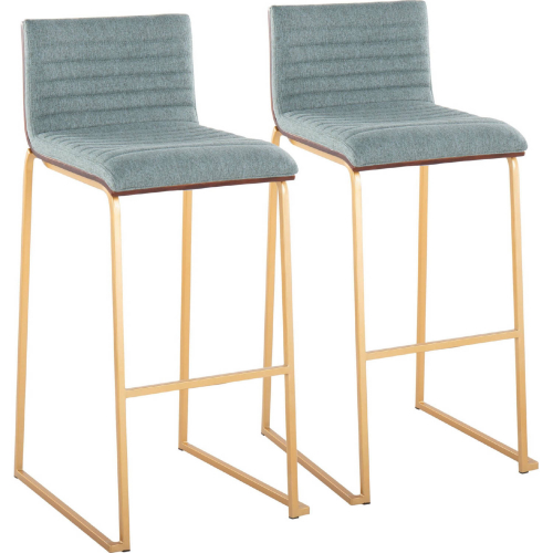 Mason Mara 30" Bar Stool in Gold, Walnut Wood & Green Fabric (Set of 2)